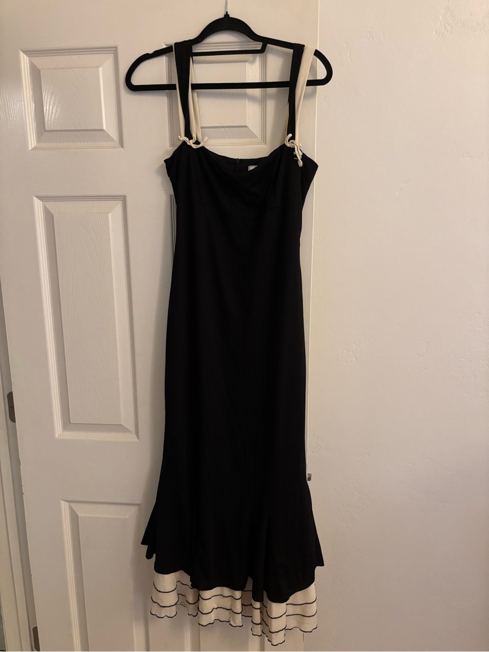Black and Cream Contrast-Strap Midi Dress